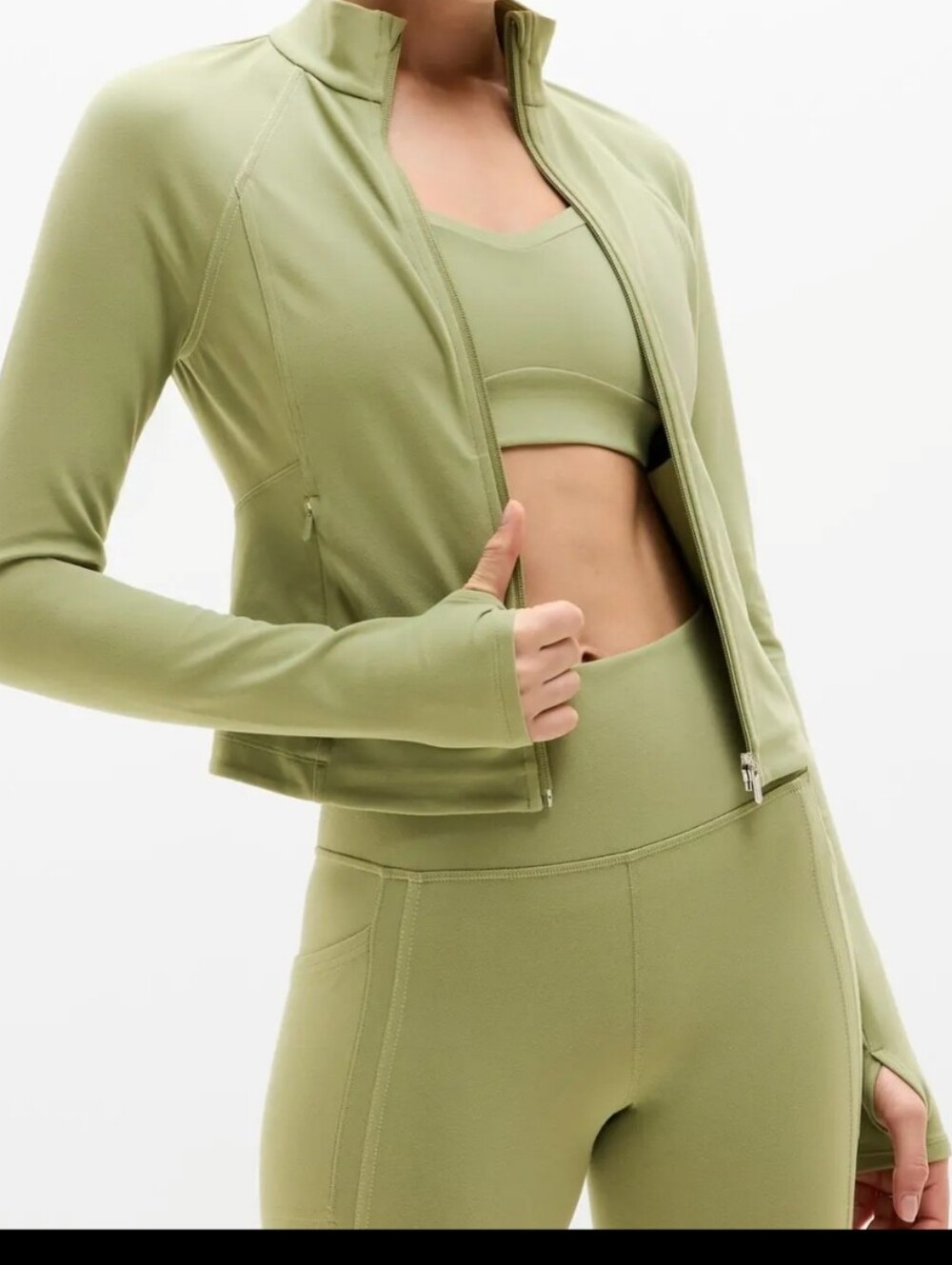 Athleta SET Salutation Pop Stitch Crop Jacket & 7/8 Leggings– Eucalyptus/Bone –